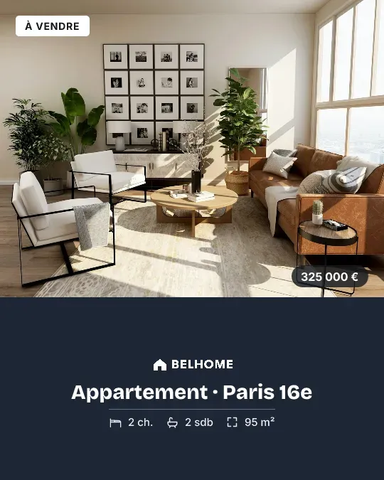 Visuel de bien immobilier au format 4:5 : appartement à vendre à Paris, logo de l'agence, prix et caractéristiques